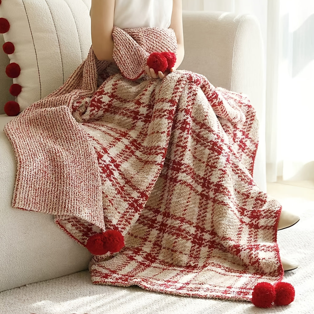 Plaid tartan à pompons rouge et écru