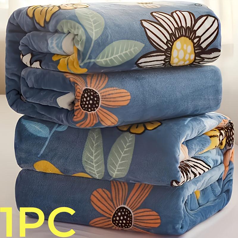 Plaid flanelle imprimé fleurs bleu et jaune