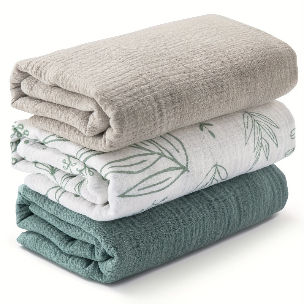 Lot de 3 couvertures en gaze motifs tropicaux – Vert