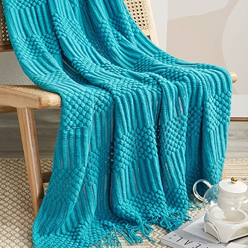 Plaid en tricot à pompons – Bleu paon