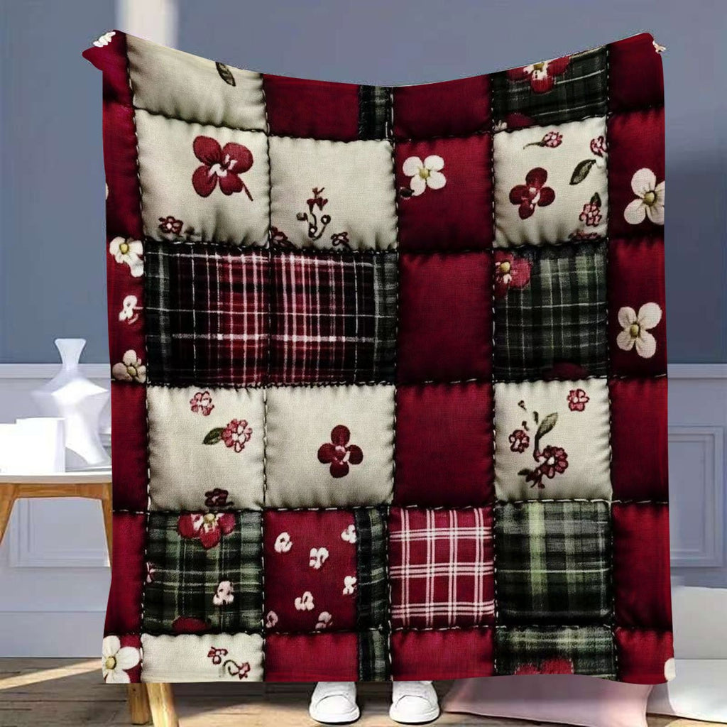 Plaid patchwork bourgogne à motifs floraux – suspendu