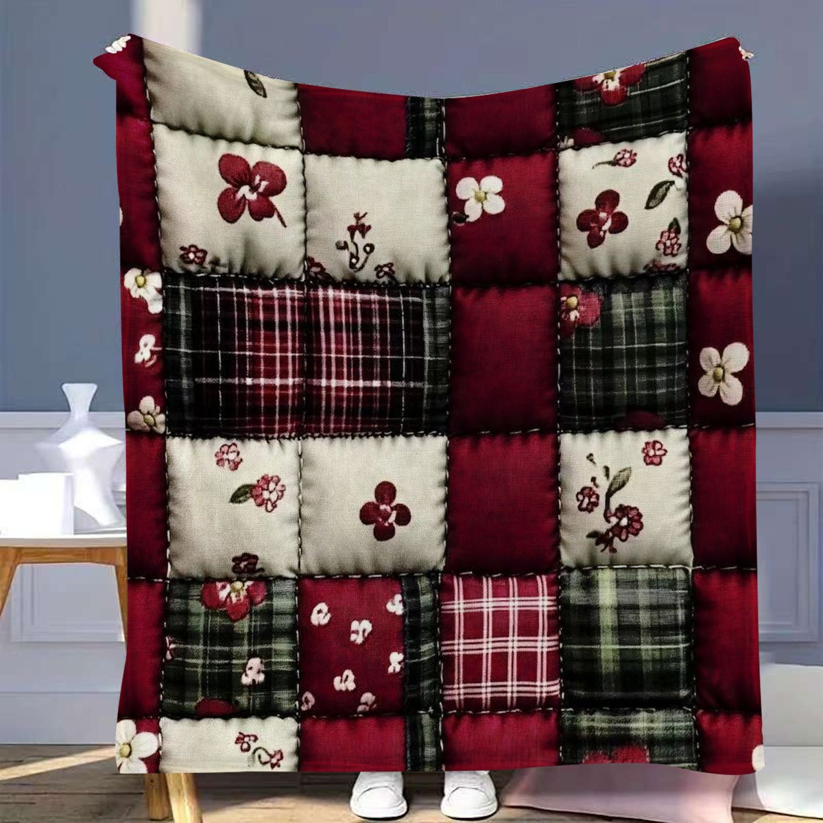 Plaid patchwork bourgogne à motifs floraux – suspendu Image
