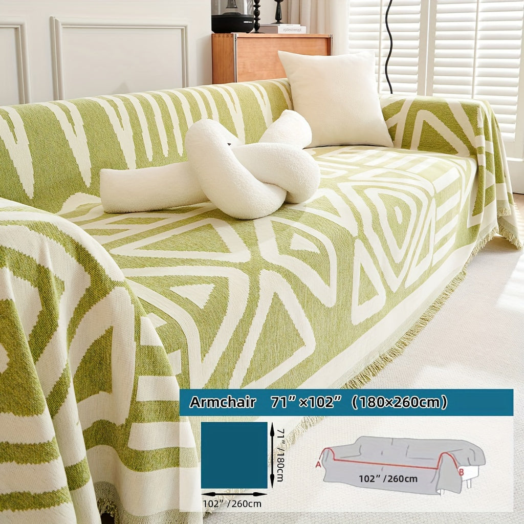 Plaid motif géométrique bohème à franges – Vert et écru