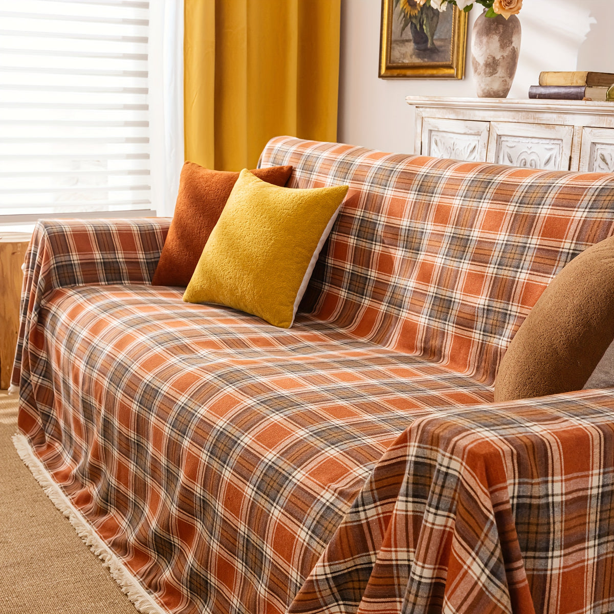 Plaid à carreaux jaune et rouille à franges