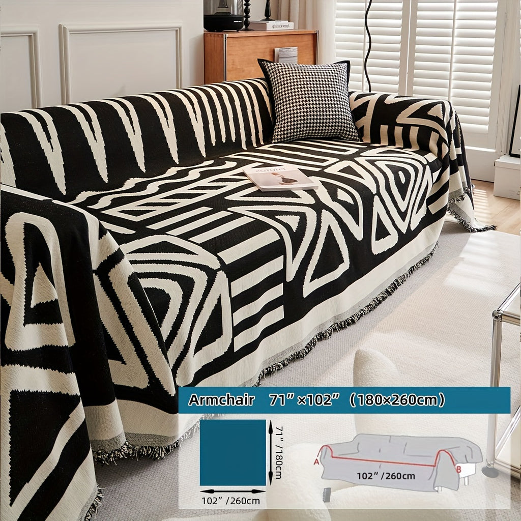 Plaid motif géométrique bohème à franges – Noir et écru