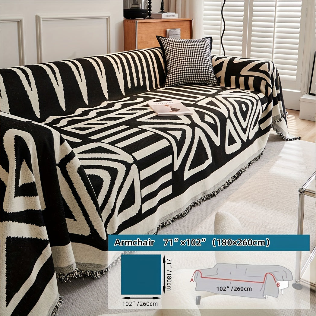Plaid motif géométrique bohème à franges – Noir et écru
