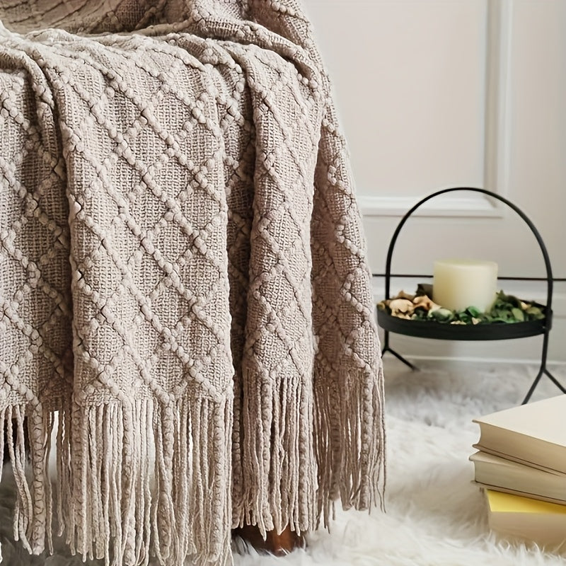 Plaid losange à franges tressées – Taupe