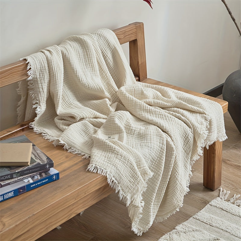 Plaid en coton froissé à franges – Beige