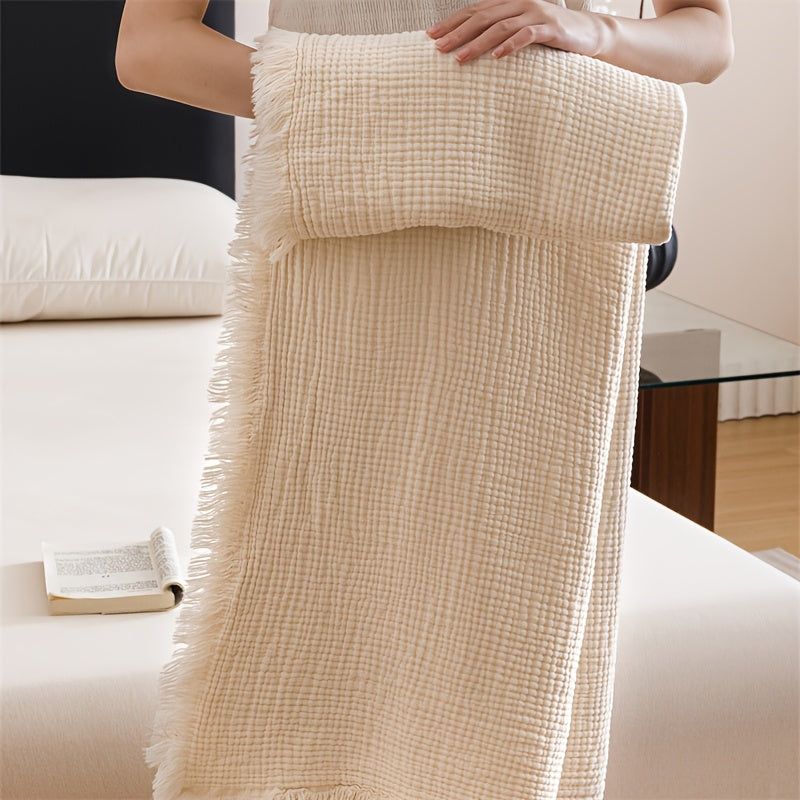 Plaid en gaze de coton blanc à franges
