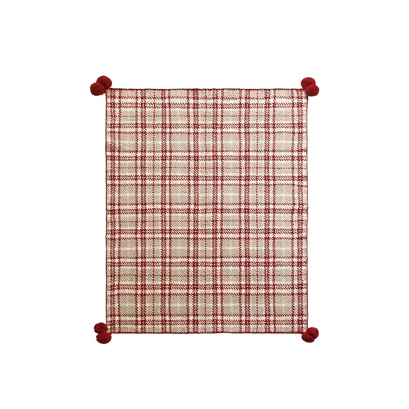 Plaid tartan à pompons rouge et écru – vue à plat