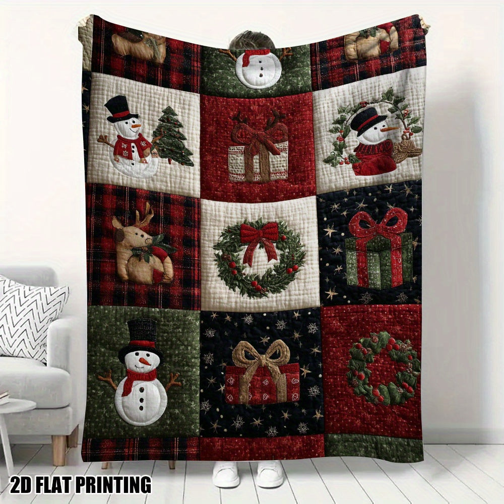 Plaid patchwork de Noël bonhomme de neige, déployé
