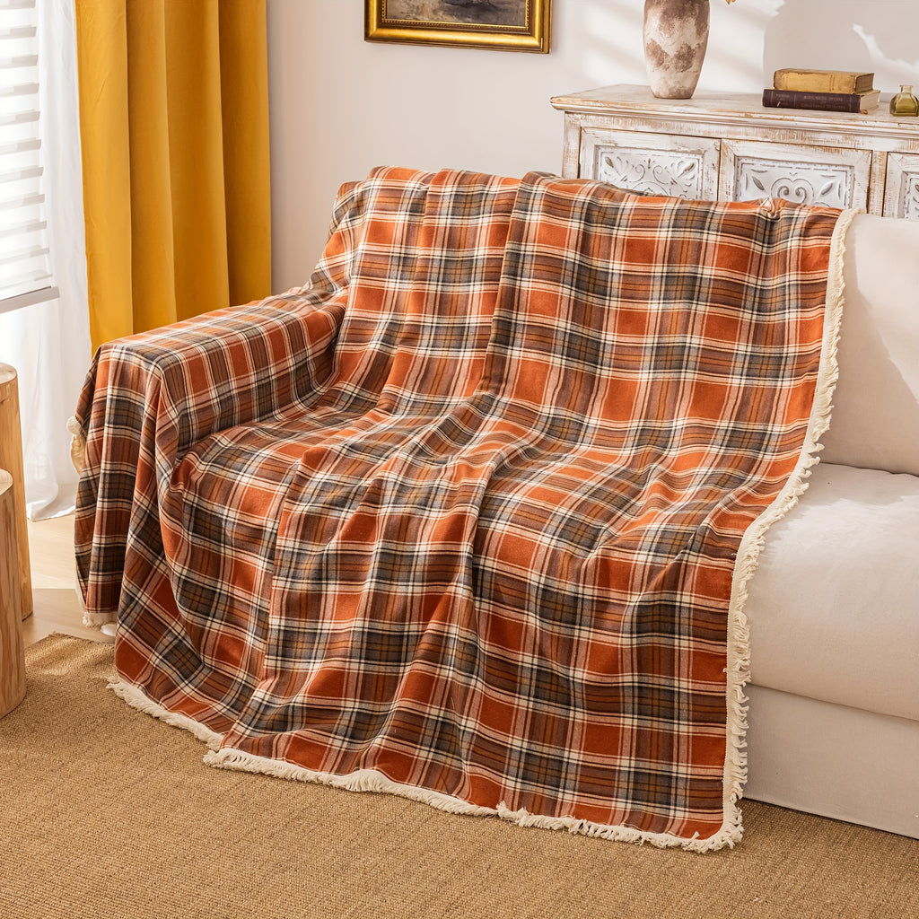 Plaid à carreaux jaune et rouille à franges – Rouille