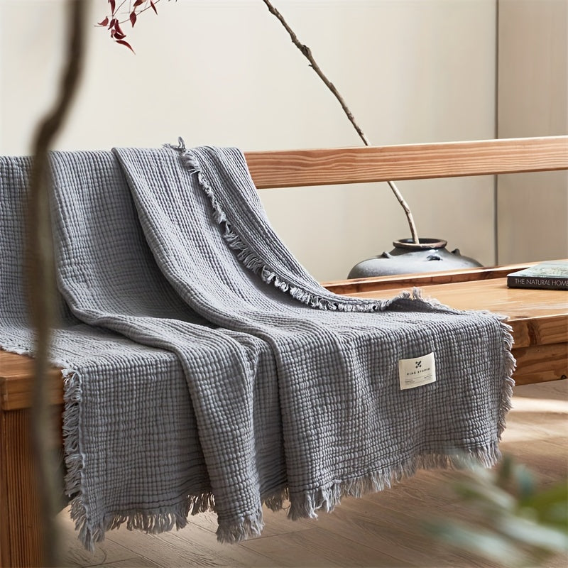 Plaid en coton froissé à franges – Gris bleu