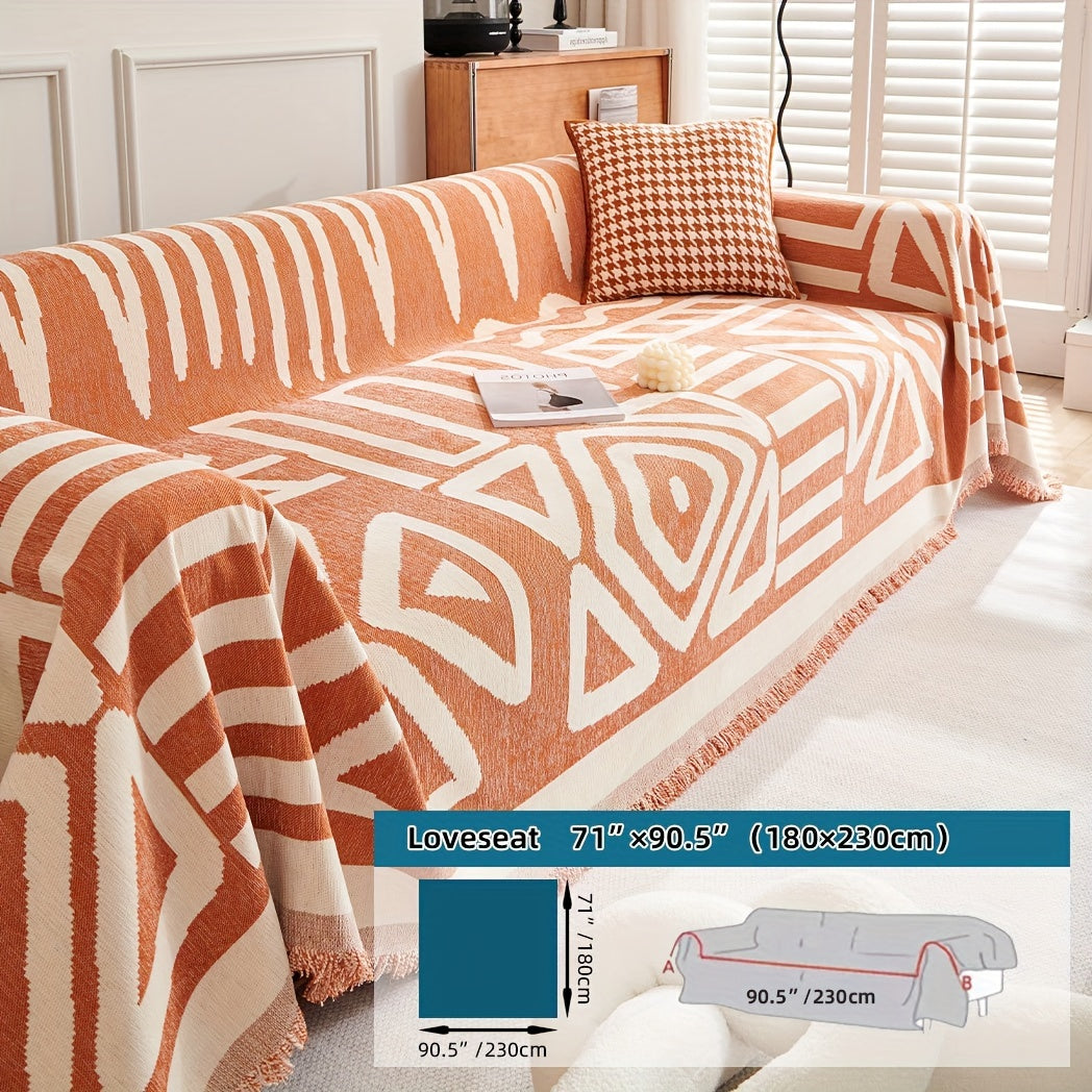 Plaid motif géométrique bohème à franges – Terracotta et écru