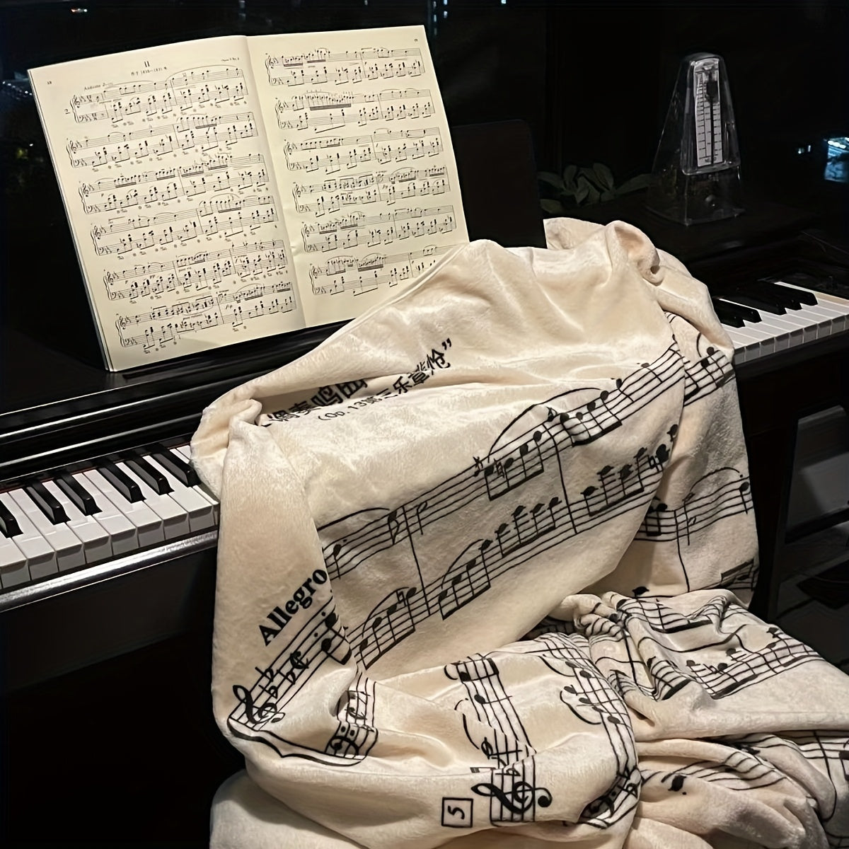 Plaid cachemire imprimé partition musicale sur un piano