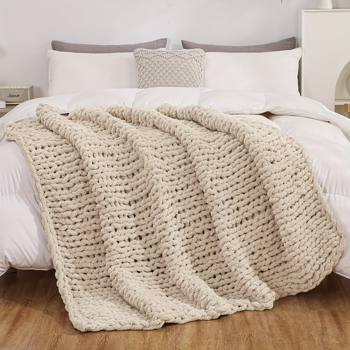 Plaid chenille tricot torsadé – coloris écru