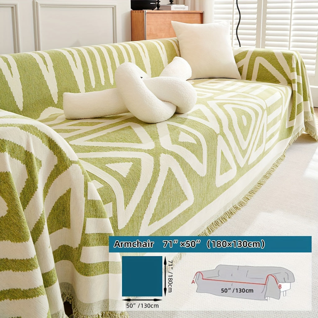 Plaid motif géométrique bohème à franges – Vert et écru