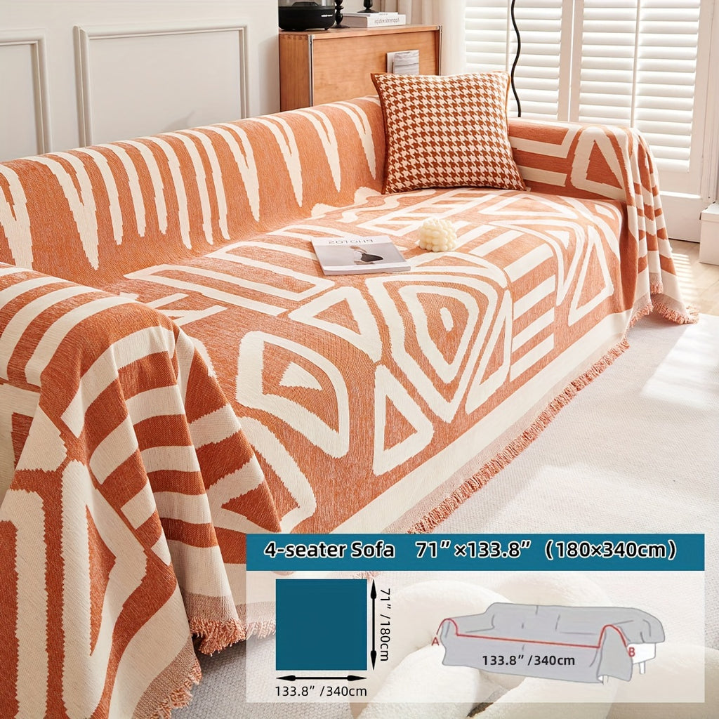 Plaid motif géométrique bohème à franges – Terracotta et écru