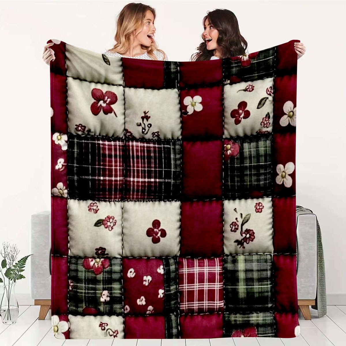 Plaid patchwork bourgogne à motifs floraux – vue déployée