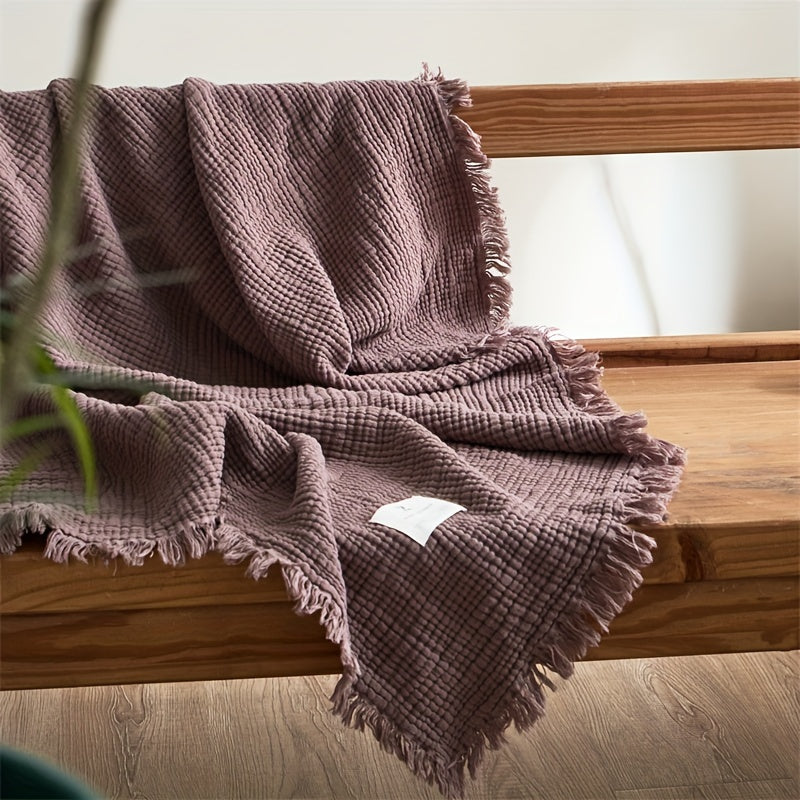 Plaid en coton froissé à franges – Prune