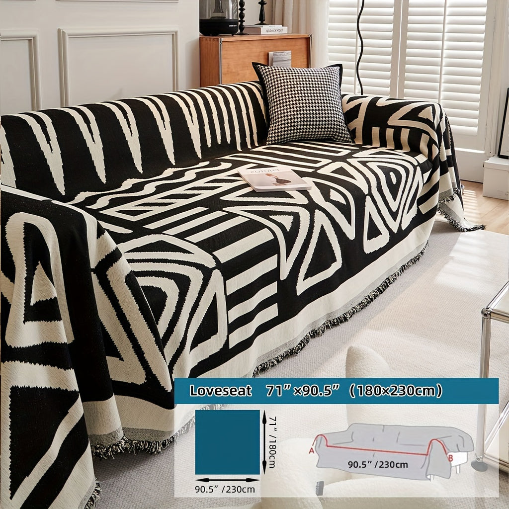Plaid motif géométrique bohème à franges – Noir et écru