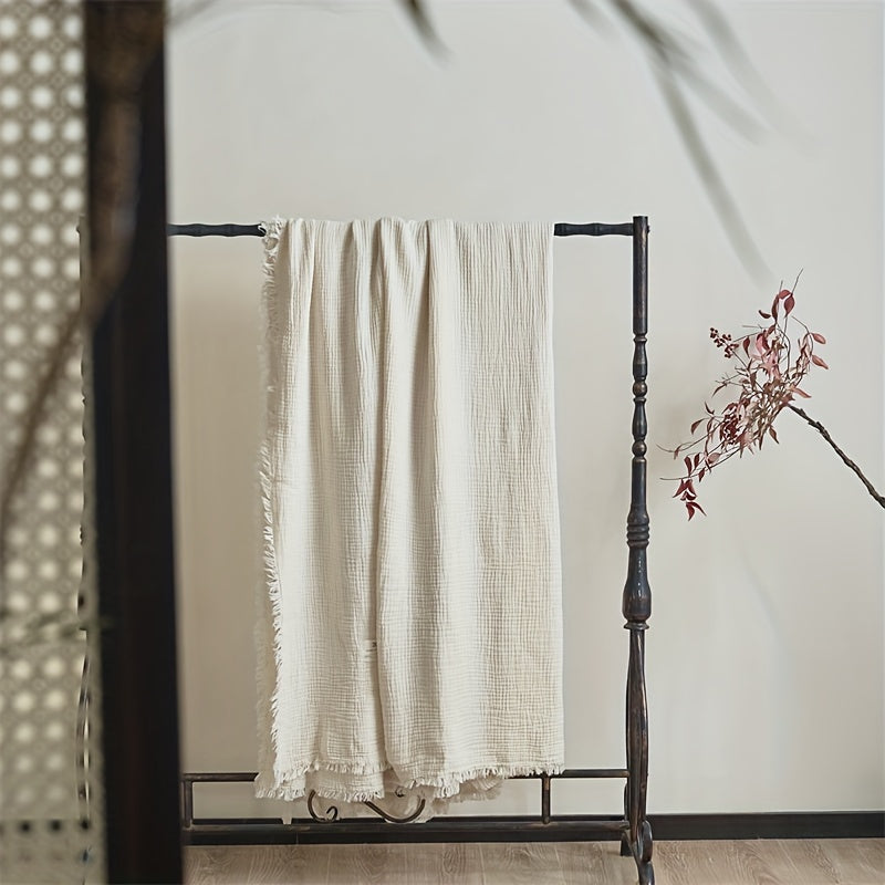 100 Cotton Fourlayer Crinkle Yarn Soft Solid Beige Fringe Throw Blanket for Naps
