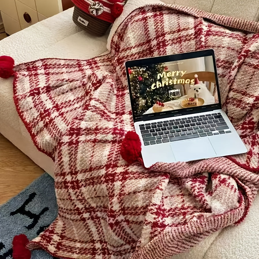 Christmas Day HighQuality Red Plaid MultiBall Sofa Blanket Air Conditioning Blanket Warm Nap Blanket British Style