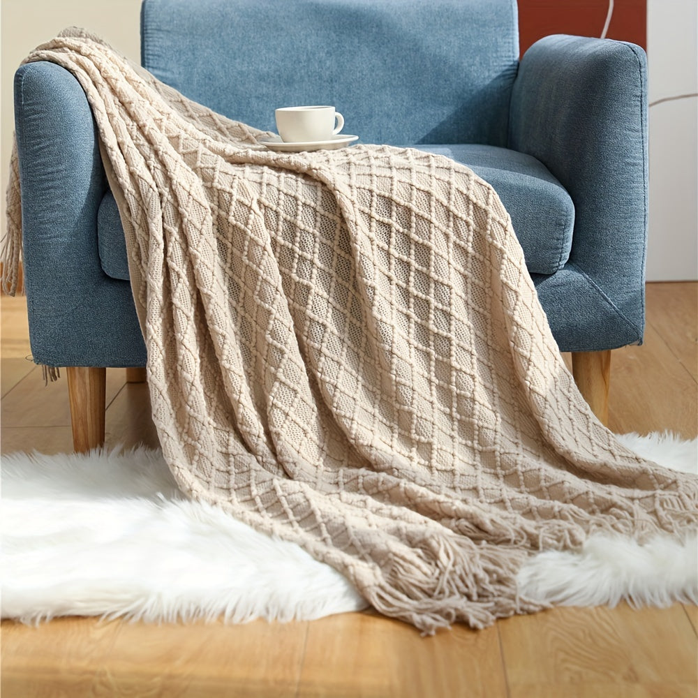 Diamond Throw Blanket with Tassel Fringe Soft Acrylic Textured Bed Runner for Couch Bed Sofa Spring Summer Home Decor 50x60 1524x2032 cm
